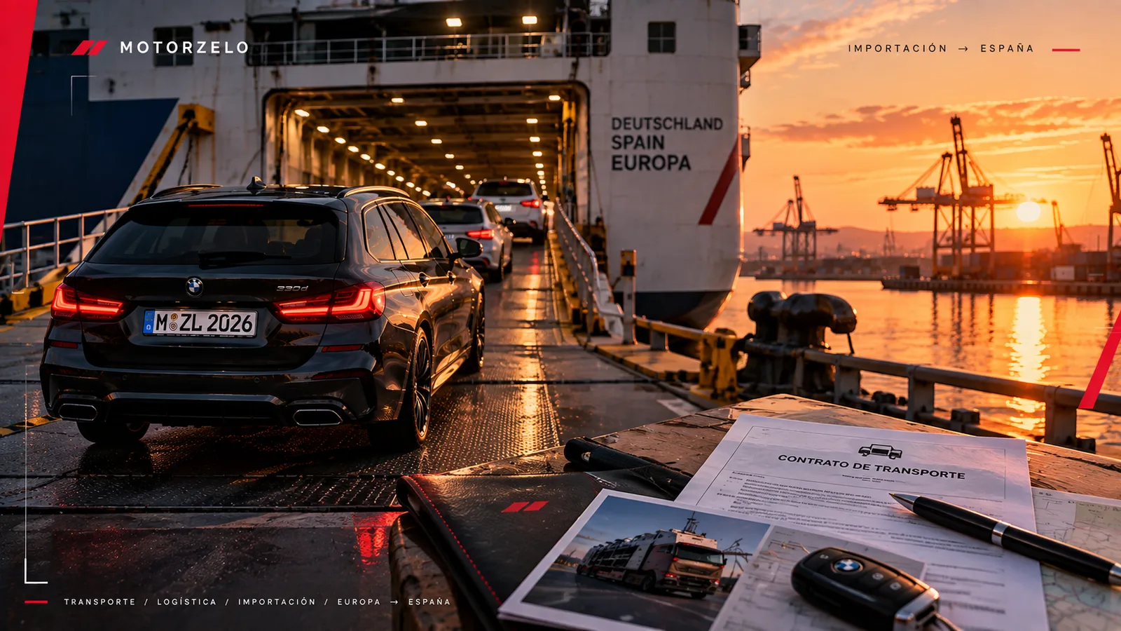 Coche cargado en un ferry de transporte de vehículos con destino a España, junto a un contrato de transporte, en un puerto al atardecer