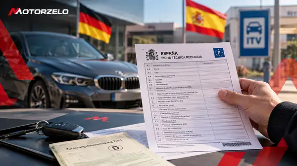 Ficha técnica reducida de un vehículo junto a documentación de importación