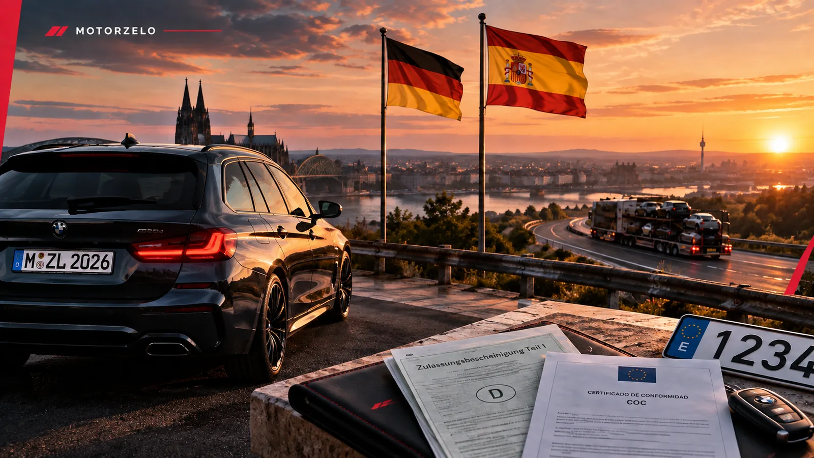 Coche con documentación de importación (Zulassungsbescheinigung y certificado de conformidad) ante las banderas de Alemania y España, con Colonia al fondo y un camión portacoches en la carretera