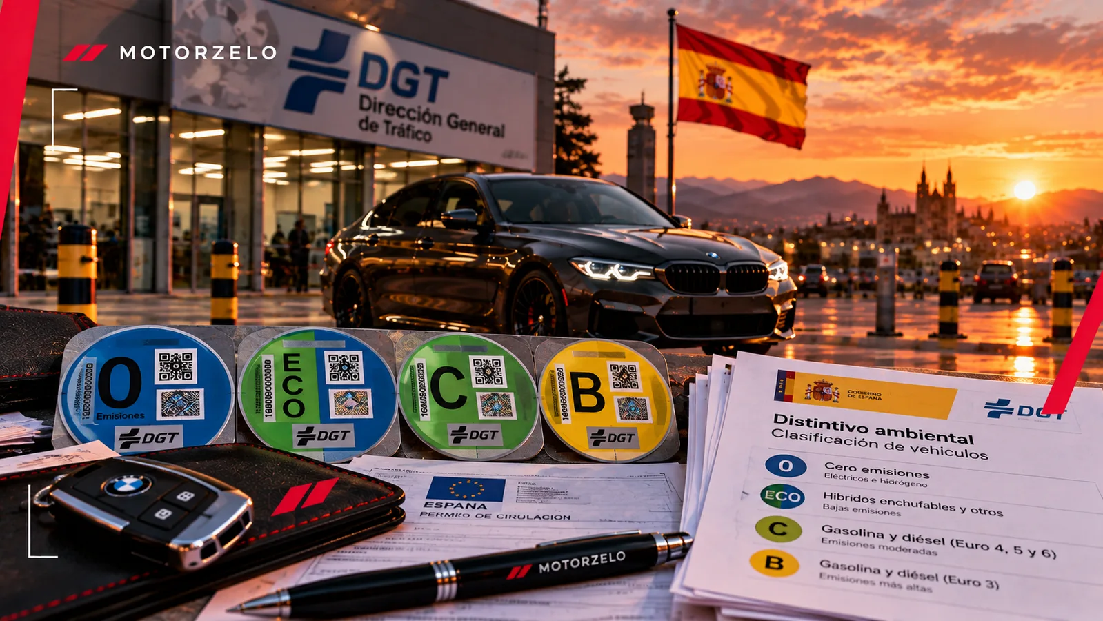 Las cuatro etiquetas ambientales de la DGT —0, ECO, C y B— junto a un coche frente a la Dirección General de Tráfico