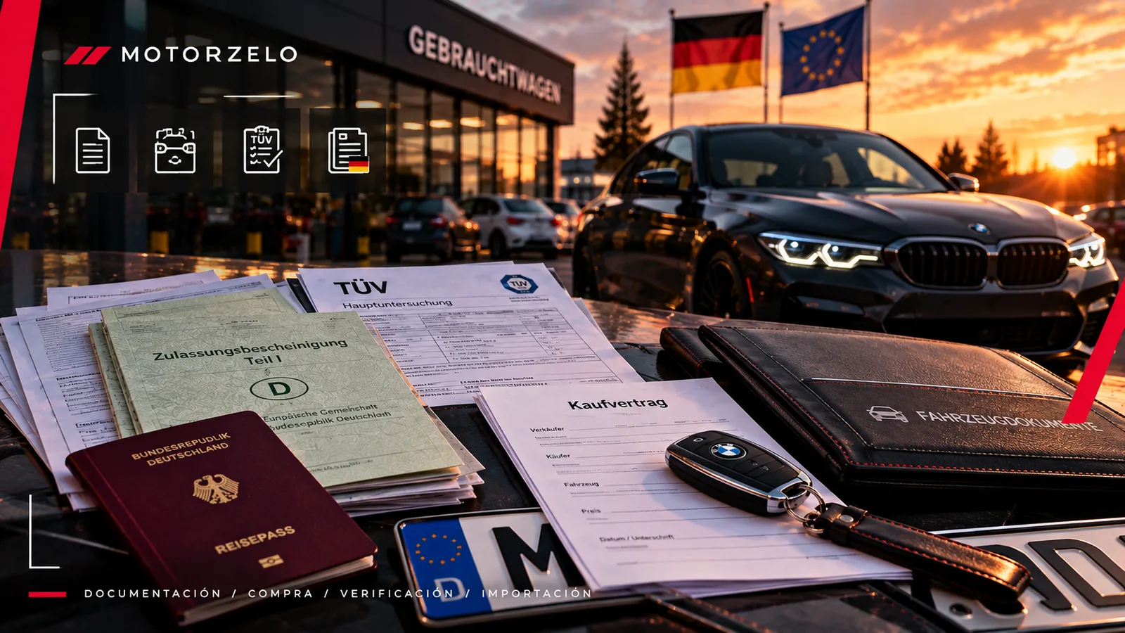 Documentación alemana de un vehículo, incluido el Zulassungsbescheinigung, extendida sobre el capó de un coche antes de firmar la compraventa