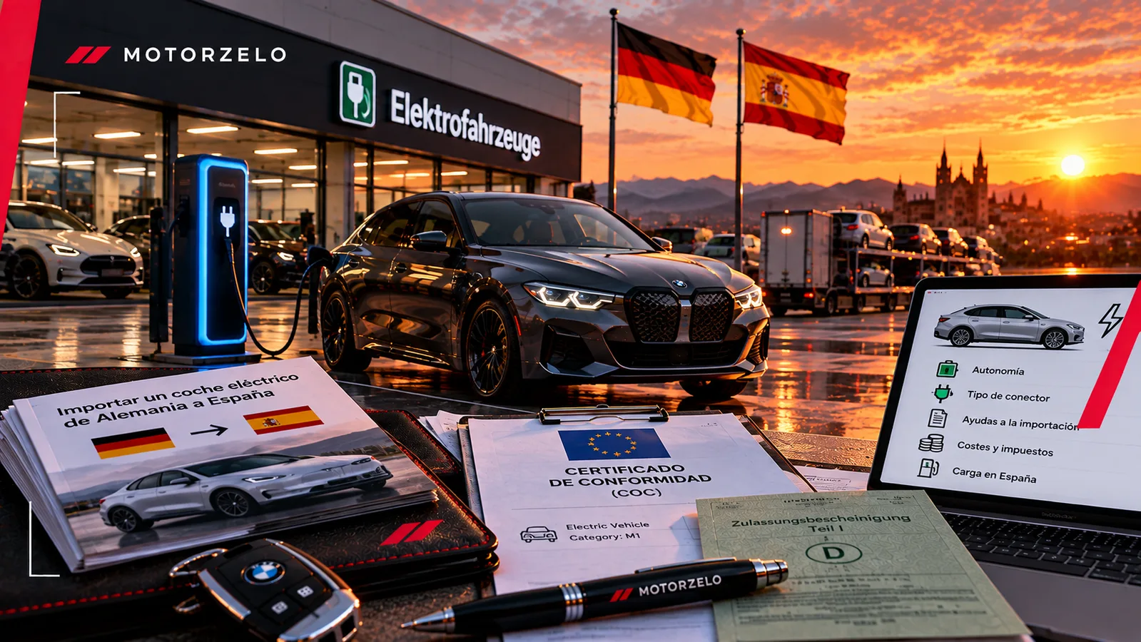 Coche eléctrico alemán cargando en un punto de recarga, junto al certificado de conformidad y una tablet con datos de autonomía y conector