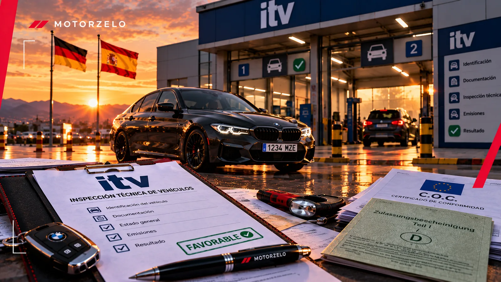 Inspección técnica de un coche importado en una estación ITV española, con checklist de identificación, documentación y emisiones