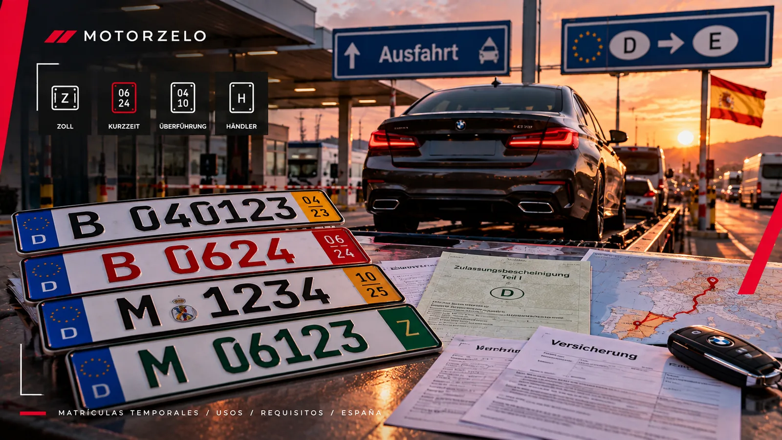 Matrícula alemana de exportación (Ausfuhrkennzeichen) con franja roja lateral montada en un coche listo para viajar a España