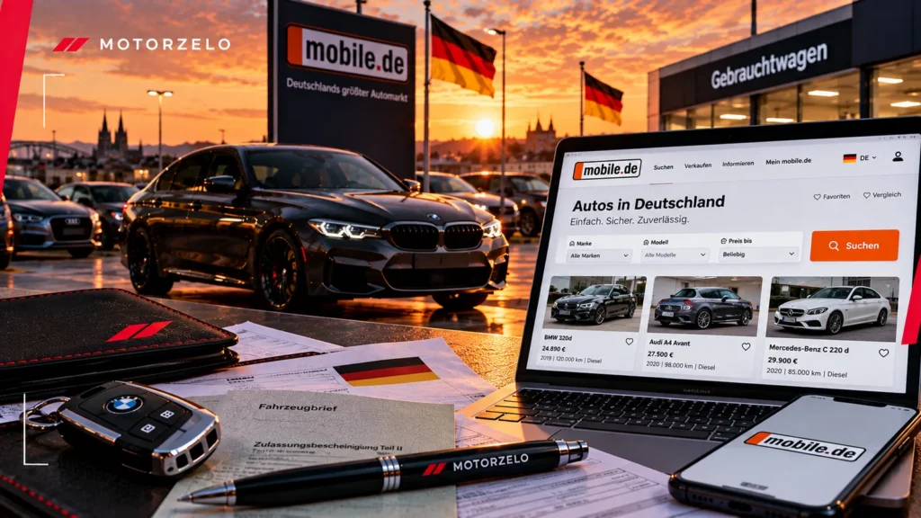 Persona navegando anuncios de coches en mobile.de desde el ordenador