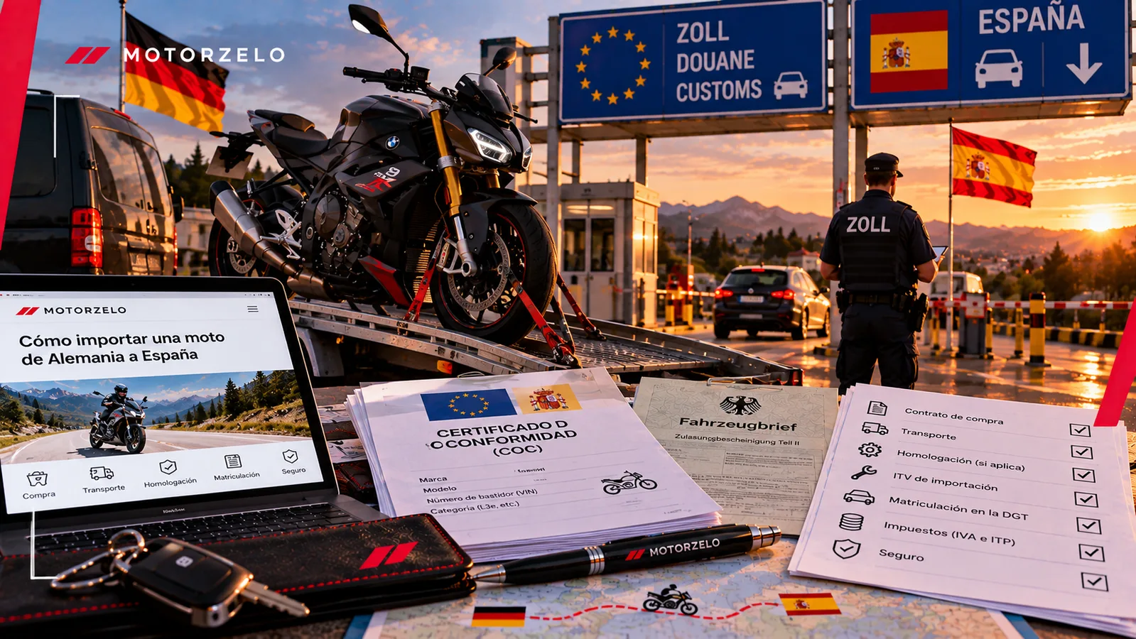 Motocicleta alemana sobre una plataforma de transporte cruzando la frontera hacia España, con el certificado de conformidad y la documentación del vehículo