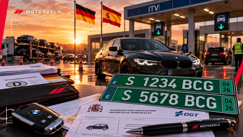 Placa verde de circulación provisional montada en un coche importado