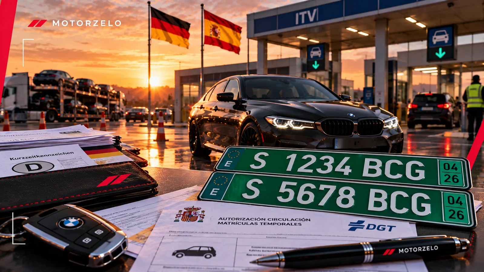 Matrículas temporales verdes españolas junto a la documentación de autorización de circulación y un coche frente a una estación ITV