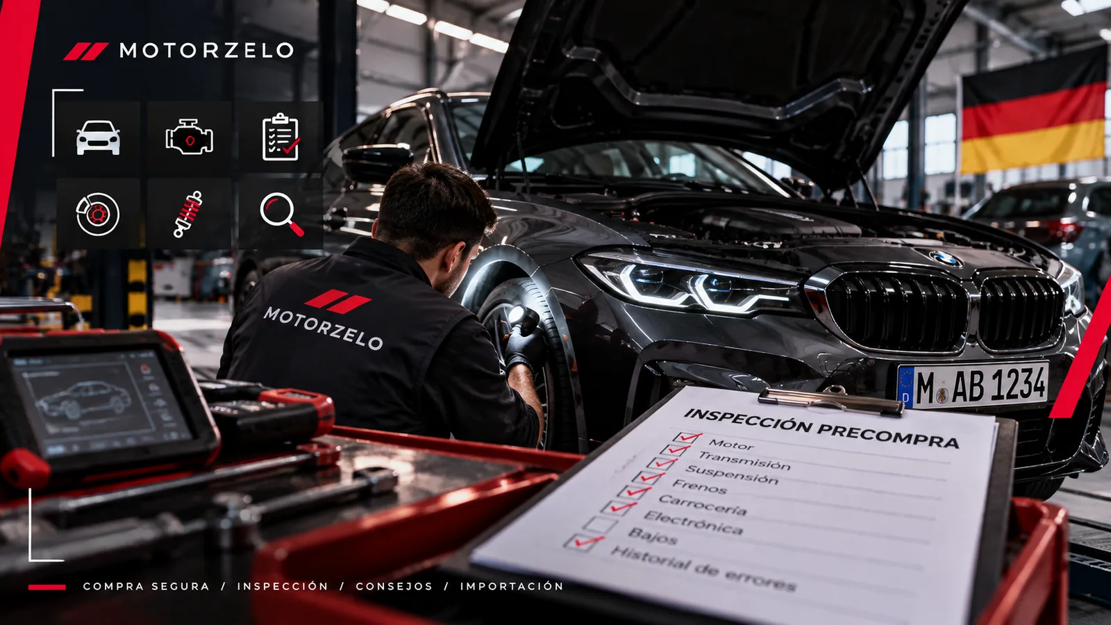 Técnico realizando una inspección precompra a un coche alemán antes de la venta, con medidor de pintura y comprobación de la carrocería