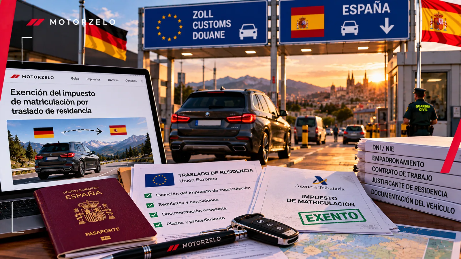 Pasaporte español y documentación de traslado de residencia junto a un coche cruzando la frontera de Alemania a España