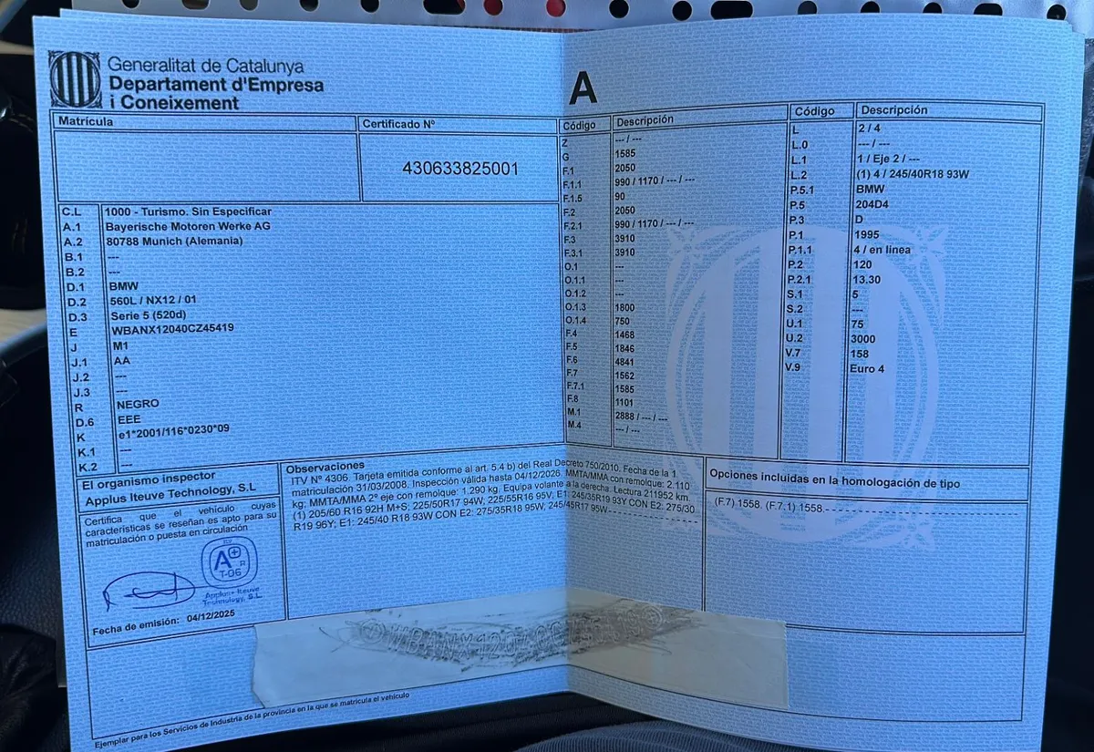 Ficha técnica española entregada en la ITV de importación de un coche alemán