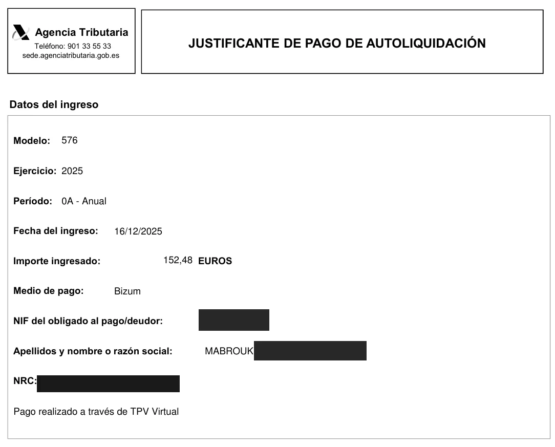 Justificante de pago del modelo 576 de la Agencia Tributaria pagado con Bizum